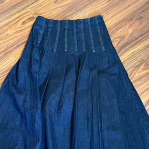 Dark Blue Denim Pleated Midi Skirt